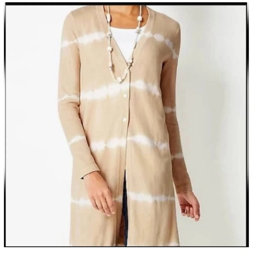 J‎ Jill Pure Jill Cardigan Sweater Womens XL Tan Striped Duster Button Up BOHO